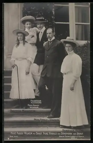 AK Prinz August Wilhelm mit Braut, Prinz Harald von Dänemark mit Braut und Prinzessin Margarethe