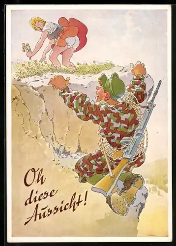 AK Oh diese Aussicht!, Gebirgsjäger schaut Mädel unter den Rock, Bundeswehr Humor