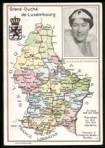 AK Luxembourg, Landkarte mit Mersch, Diekirch und Vianden, S. A. R. la G. -D. Charlotte von Luxemburg