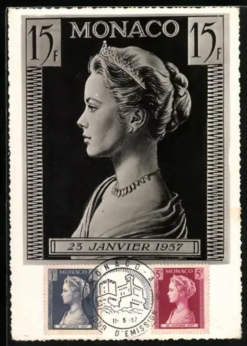 AK Portrait Schauspielerin Grace Kelly auf einer monegasischen Briefmarke