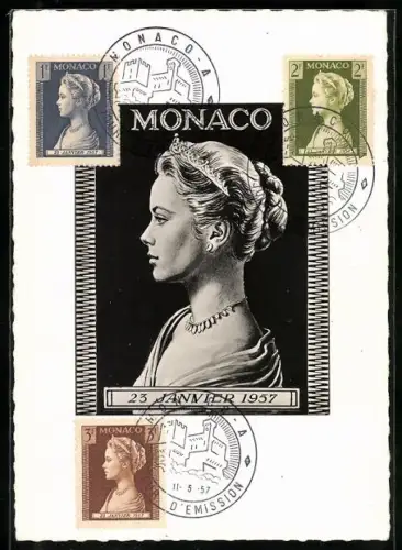 Maximum-AK Fürstin Gracia Patricia von Monaco, Grace Kelly, Briefmarken