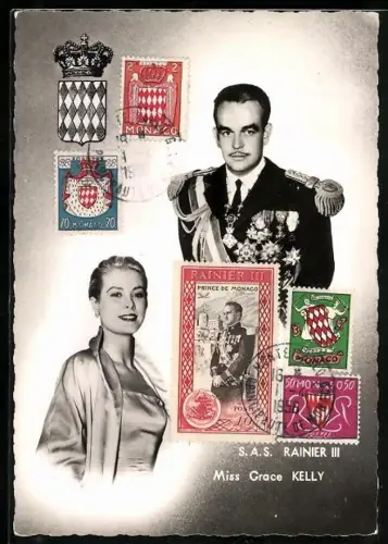 Maximum-AK Prinz Rainier III. von Monaco in Uniform mit Orden und seiner Gattin Grace Kelly, Wappen