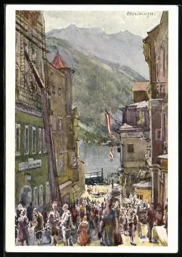 Künstler-AK Gmunden, Kirchengasse am Wochenmarktstag