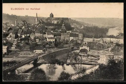 AK Elbogen bei Karlsbad, Teilansicht mit Brücke aus der Vogelschau