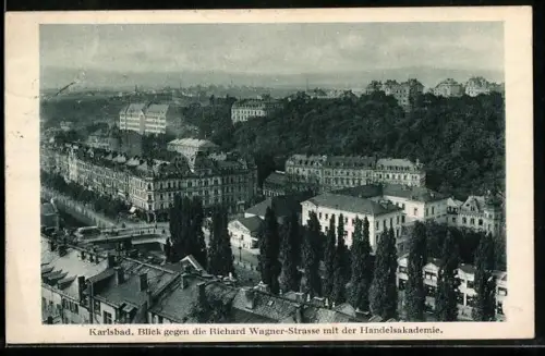 AK Karlsbad, Teilansicht mit Richard Wagner-Strasse und Handelsakademie