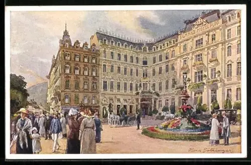 Künstler-AK Hans Götzinger: Karlsbad, Grand Hotel Rupp, Pferdekutsche