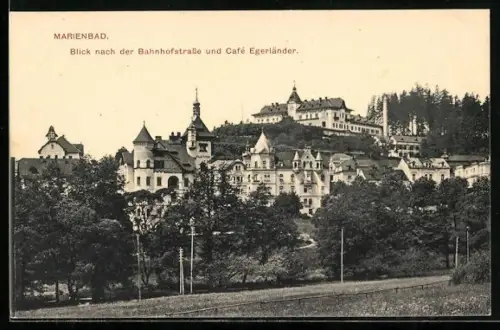 AK Marienbad, Blick nach der Bahnhofstrasse und Cafe Egerländer