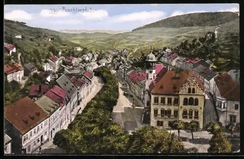 AK St. Joachimstal, Ortsansicht mit Strasse aus der Vogelschau