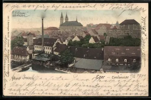 AK Eger, Totalansicht mit Fabrik u. Kirche