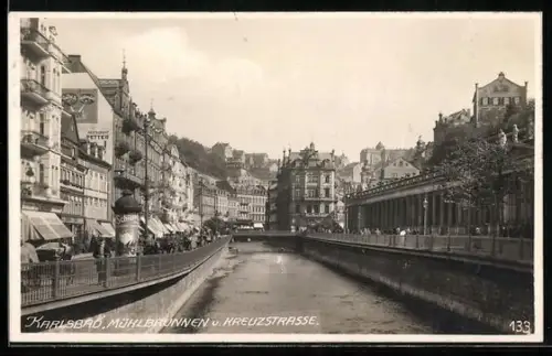 AK Karlsbad, Mühlbrunnen u. Kreuzstrasse