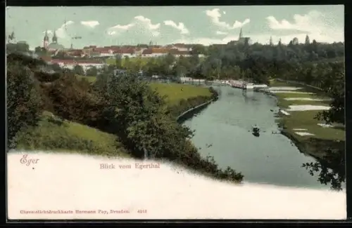 AK Eger, Ortspanorama vom Egerthal aus, Flusspartie