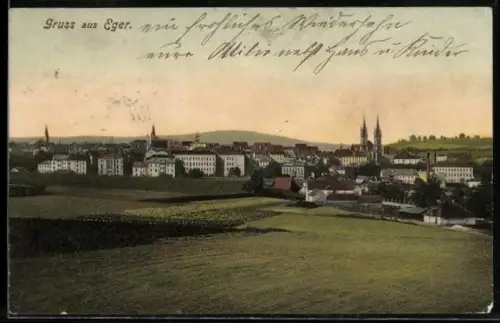 AK Eger, Ortspanorama mit Feldern