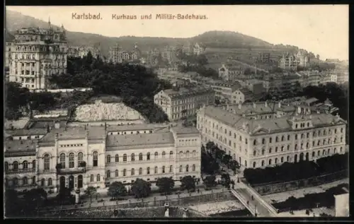 AK Karlsbad, Kurhaus u. Militär-Badehaus aus der Vogelschau, mit Brücke