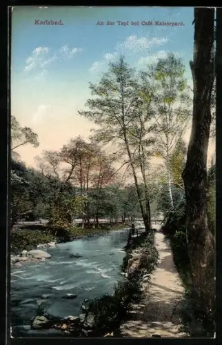 AK Karlsbad, An der Tepl bei Café Kaiserpark