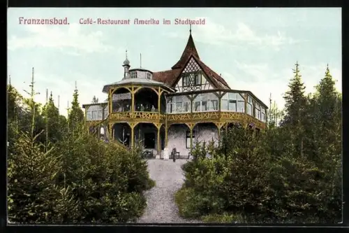 AK Franzensbad, Blick zum Cafe-Restaurant Amerika im Stadtwald