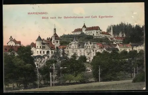 AK Marienbad, Bahnhofstrasse mit Cafe Egerländer