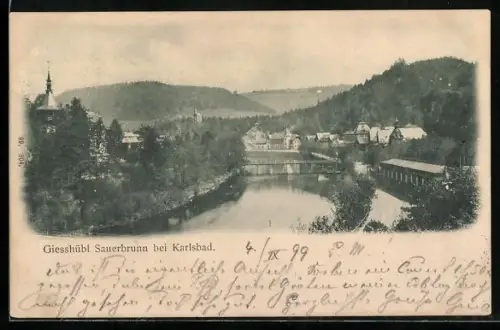 AK Giesshübl-Sauerbrunn bei Karlsbad, Panorama mit Brücke