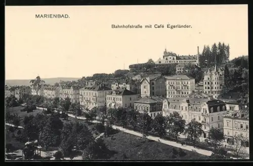 AK Marienbad, Bahnhofstrasse mit Cafe Egerländer