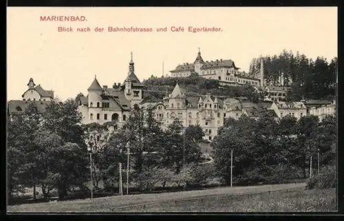 AK Marienbad, Blick nach der Bahnhofstrasse und Café Egerländer