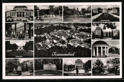 AK Franzensbad, Glauberquelle, Adlerquelle, Goethe-Denkmal, Dankwarte