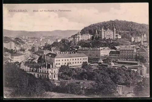 AK Karlsbad, Stadtpark und Parkstrasse
