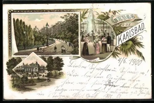 Lithographie Karlsbad, Sprudel, Gartenzeile, Stadtpark