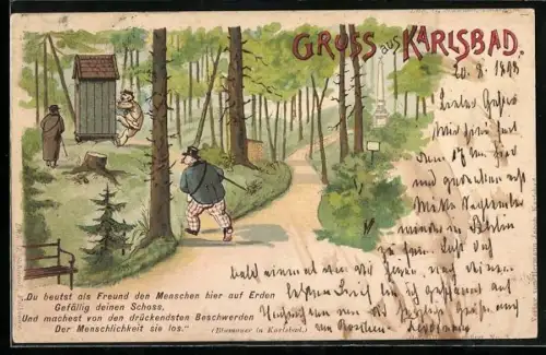Lithographie Karlsbad, Männer im Wald am Kloshäuschen