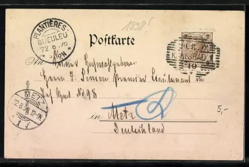 Lithographie Karlsbad, Männer im Wald am Kloshäuschen