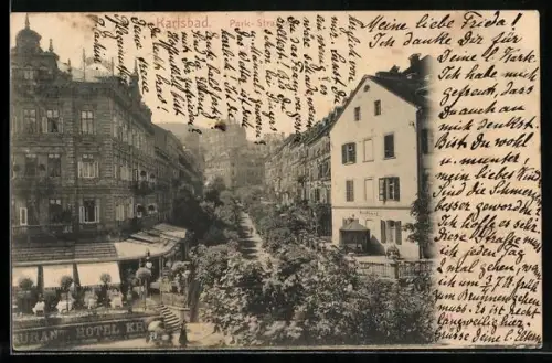 AK Karlsbad, Park-Strasse mit Restaurant-Hotel