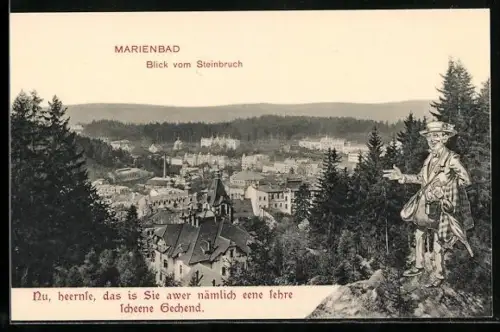 AK Marienbad, Mann zeigt vom vom Steinbruch aus auf den Ort