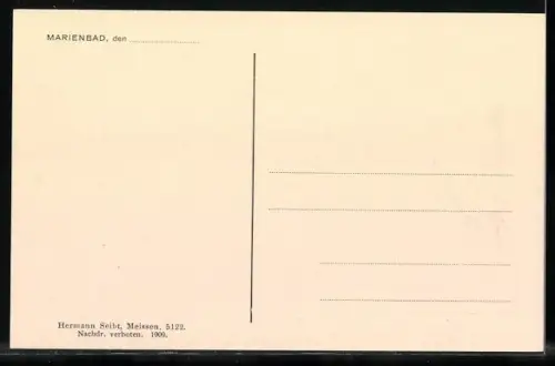 AK Marienbad, Mann zeigt vom vom Steinbruch aus auf den Ort