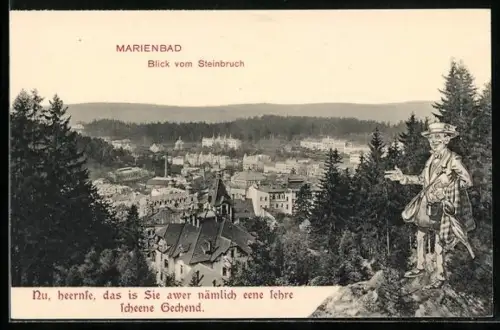 AK Marienbad, Mann zeigt vom vom Steinbruch aus auf den Ort