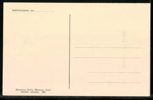 AK Marienbad, Mann zeigt vom vom Steinbruch aus auf den Ort