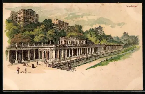 Lithographie Karlsbad, Ortspartie mit Promenade