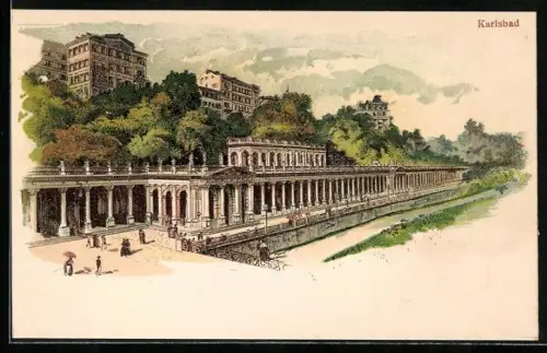 Lithographie Karlsbad, Ortsansicht aus der Vogelschau