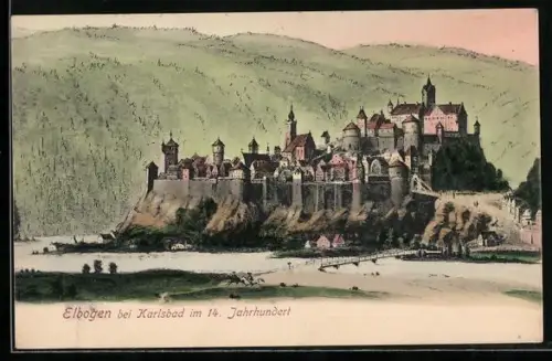 Künstler-AK Elbogen bei Karlsbad, Teilansicht mit Burg im 14. Jahrhundert