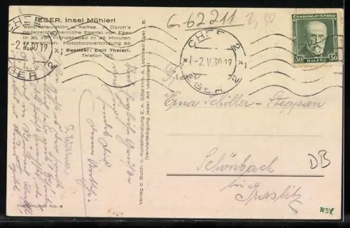 AK Eger, Insel Müherl mit Waldrestaurant u. Kaffee, Inh. Emil Theierl