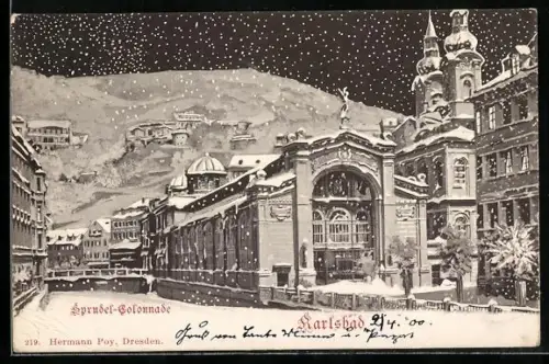 Künstler-AK Karlsbad, Sprudel-Colonnade im Schnee