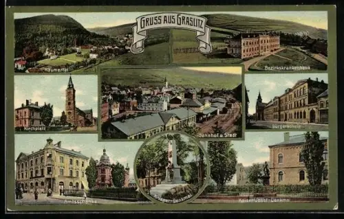 AK Graslitz, Gasthaus Amtsschänke, Bezirkskrankenhaus, Bahnhof und Stadt