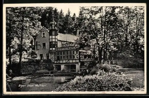 AK Eger, Insel Mühlerl mit Cafe-Restaurant