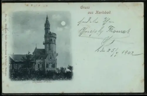 Mondschein-AK Karlsbad, Stefanie-Warte