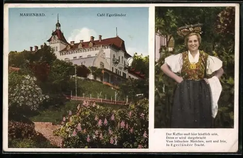 AK Marienbad, Café Egerländer, Frau in Egerländer Tracht