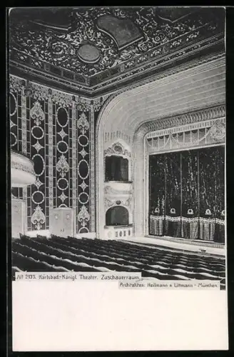 AK Karlsbad, Kgl. Theater, Zuschauerraum mit Bühne