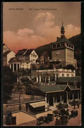 AK Karlsbad, Der neue Schlossbrunnen, Turmgebäude