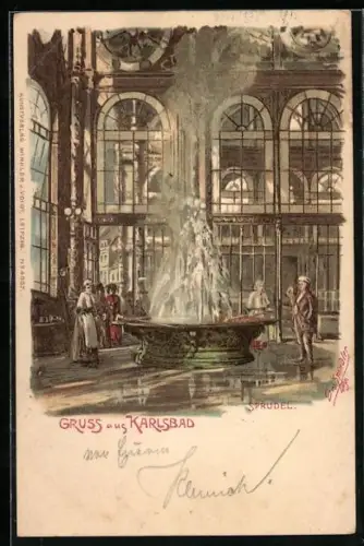 Künstler-Lithographie Erwin Spindler: Karlsbad, Ansicht eines Sprudels