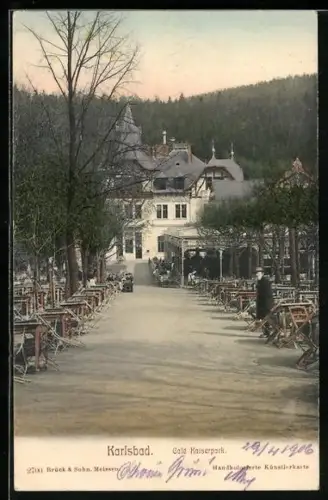 AK Karlsbad, Cafe Kaiserpark, mit Garten und Pavillon
