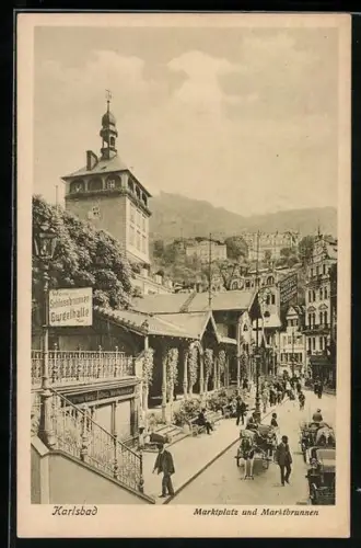 AK Karlsbad, Marktplatz und Marktbrunnen, Aufgang zum Schlossbrunnen / Gurgelhalle