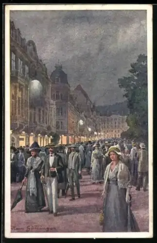 Künstler-AK Hans Götzinger: Marienbad, Kaiserstrasse im Laternenschein mit Besuchern