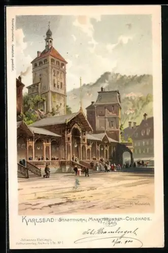 Lithographie Karlsbad, Stadtthurm und Marktbrunnen-Colonade