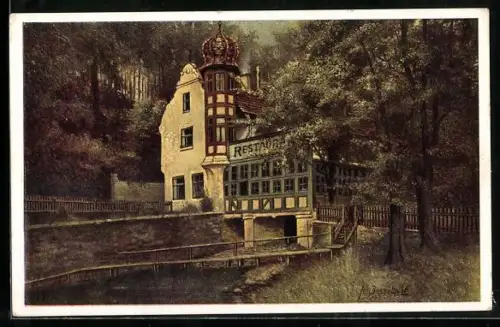 Künstler-AK Eger, Restaurant Insel Mühlerl